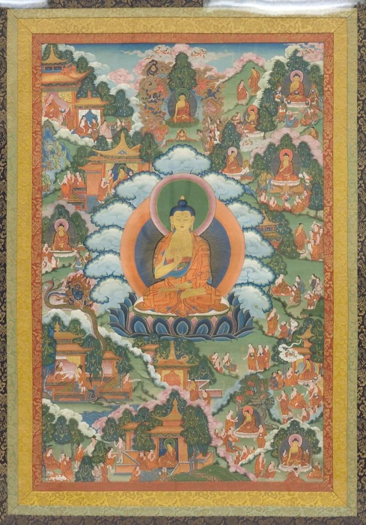 Tangka is a Tibetan Buddhist painting on cotton, silk appliqué, usually depicting a Buddhist deity, scene or mandala.